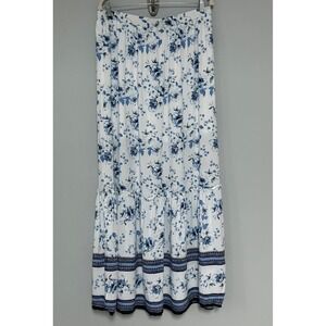 Francescas Floral Tiered Maxi Skirt Blue White Size XL Side Slit New Runs Long